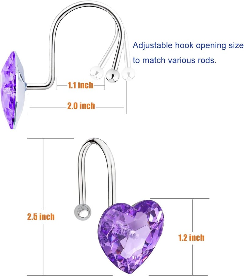 Yapicoco Shower Curtain Hooks Rings for Bathroom, 12PCS Heart Stainless Steel Rust Resistant Decorative Rhinestones Shower Curtain Rings Hangers for Shower Curtains (Single Hook Purple) - Image 2